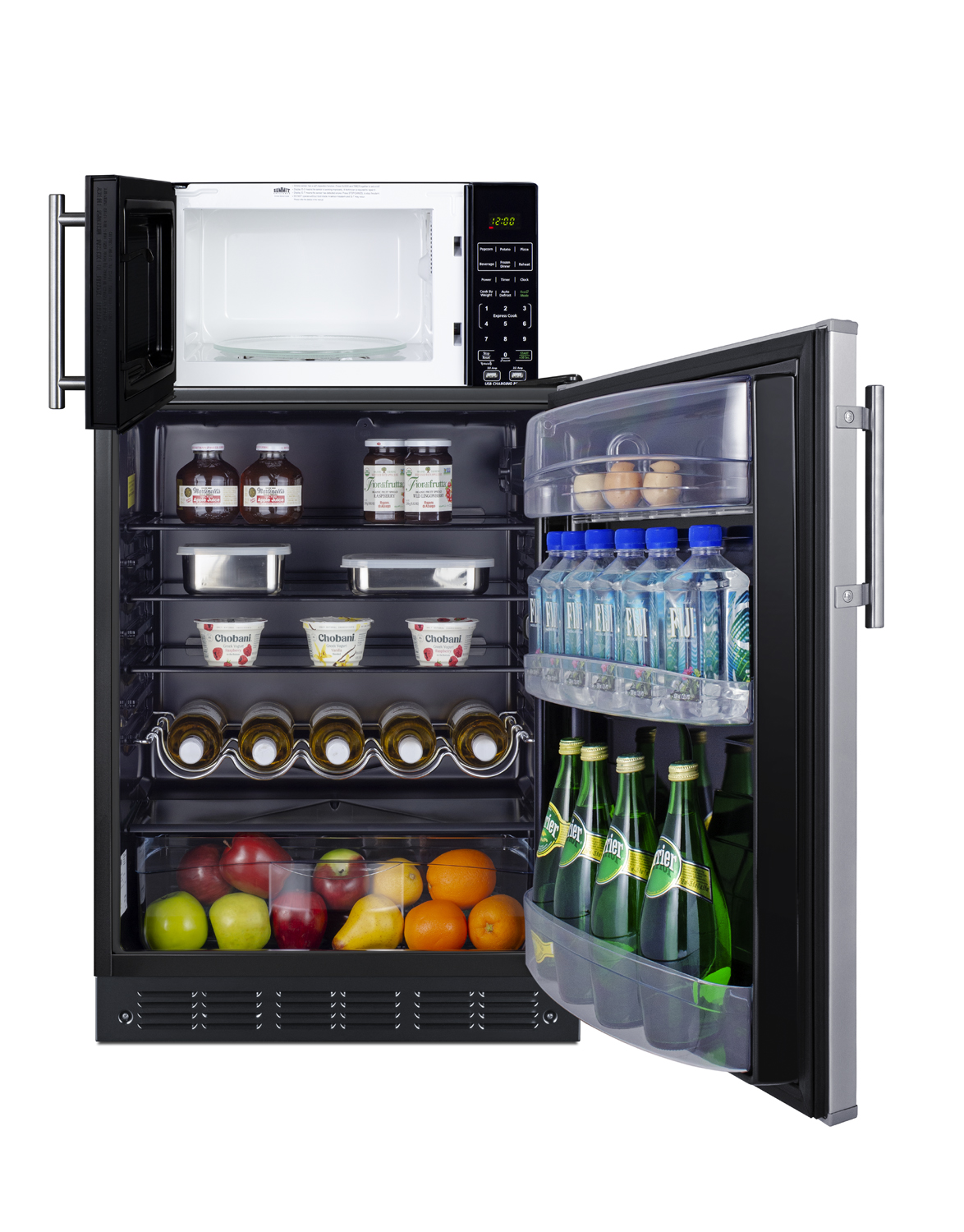 Counter height all-refrigerator with stainless steel door and compact microwave in black with allocator and USB ports for 1-plug operation; ships in three boxes on one pallet